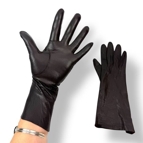 ❌SOLD❌1950's French designer black brown kid goat skin leather long gloves - Picture 2 of 14